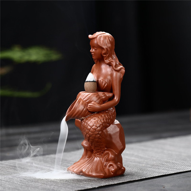 Diosa de cerámica Sirena se baña Fragancia que fluye Quemador de incienso de reflujo de cerámica