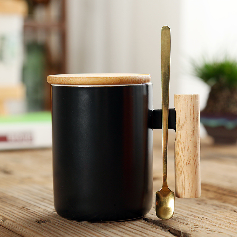 logotipo personalizado caja de regalo taza de café de porcelana set tazas de cerámica con mango de madera con tapa de bambú y cuchara de metal juego de tazas de cerámica