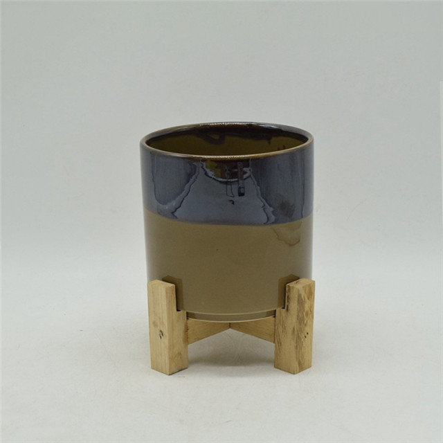Soporte de cuatro patas de madera Maceta de cerámica de dos colores Maceta de mesa Maceta de cerámica